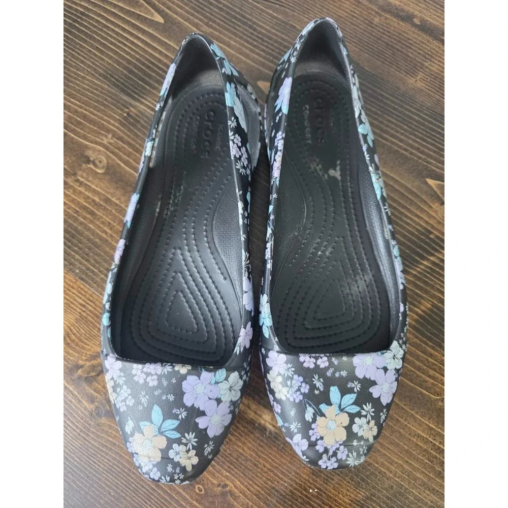 Crocs Women's Shoes Size 7 Floral Black Purple Slingback Slip On Flat‎ Ballet